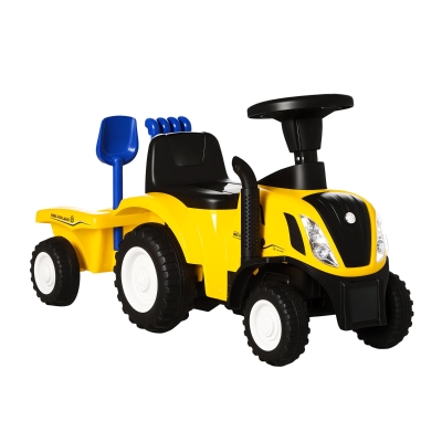 HOMCOM Tractor para Niños de 12-36 Meses con Remolque Extraíble Coche Correpasillos con Bocina Faros Pala Asiento de Suelo 25 cm y Rastrillo Carga 25 kg 91x29x44 cm Amarillo