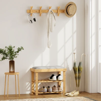 HOMCOM Banc à Chaussures Bambou 2 Étagères Coussin Gris