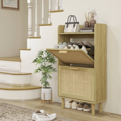 HOMCOM Mueble Zapatero Estilo Bohemio con 2 Cajones Abatibles y 1 Estante Abierto para 18 Pares de Zapatos 80x24,5x110 cm Roble