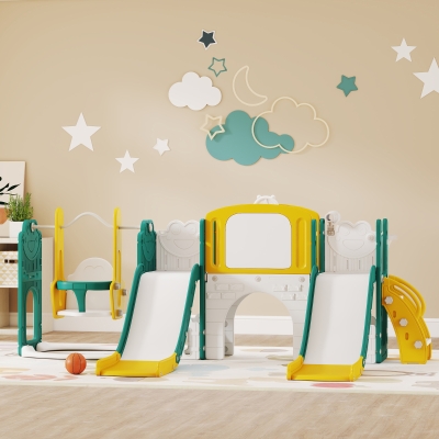 AIYAPLAY Conjunto de 9 en 1 de toboganes y columpios para niños pequeños con aro de baloncesto telescopio pizarra diseño de rana