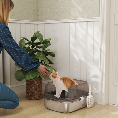 PawHut Arenero para Gatos Cubierto Cerrado con Bandeja de Acero Inoxidable Bordes Altos Pala y Zona para Caída de Arena Gris