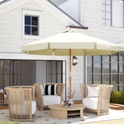 Outsunny Chapéu de Sol de Jardim Ø325x250 cm Chapéu de Sol de Madeira com Sistema de Polea Teto com Ventilação e 8 Hastes Creme