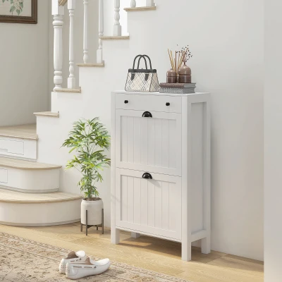 HOMCOM Narrow Shoe Cabinet with 2 Flip Drawers and Adjustable Shelves, White