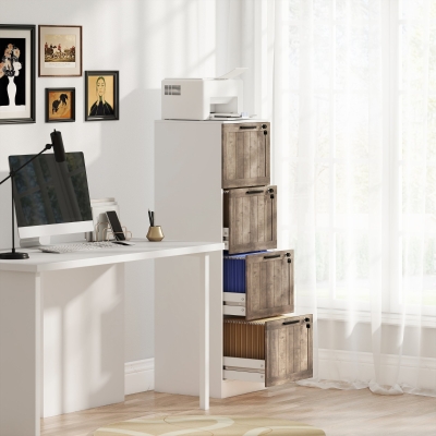 HOMCOM Schreibtischschrank mit 4 Schubladen Schloss 2 Schlüssel Hängemappen für A4 Brief 39,4x40x129 cm Weiß und Holz