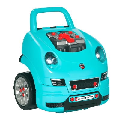 HOMCOM Juego Infantil de Motor con Herramientas 61 Piezas Volante Bocina Faros Caja de Almacenaje y Ruedas 40x39x47 cm Turquesa
