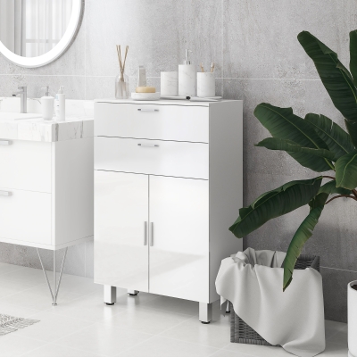 kleankin Meuble Salle de Bain 2 Tiroirs 60x30x93cm Blanc Brillant