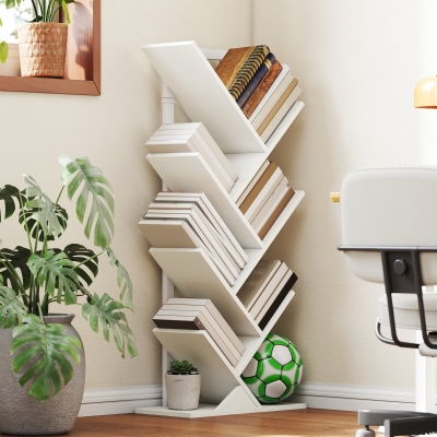 HOMCOM Baumförmiges Bücherregal mit 7 Regalen und kippsicherem System für Wohnzimmer Schlafzimmer 50x24x109 cm Weiß