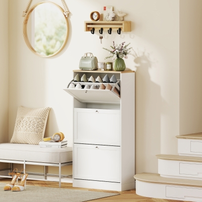 HOMCOM Mueble Zapatero Moderno con 3 Cajones Abatibles y Estantes Ajustables para 18 Pares de Zapatos 60x23,5x115 cm Blanco