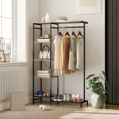 HOMCOM Perchero con Barra para Colgar Ropa Zapatero y Estante Protección Antivuelco Roble