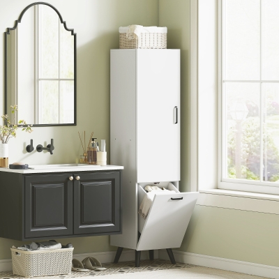 HOMCOM Armario Alto para Baño con Puertas y Estantes Cesto para Ropa Sucia en Espacios Reducidos 35x31,5x144 cm Blanco