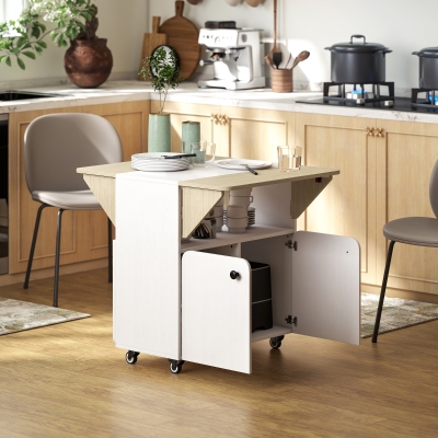 HOMCOM Mesa Plegable Armario con Ruedas, dos paneles de mesa plegables, compartimento de armario, 4 ruedas, Blanco + Madera natural, 70 x 83 x 75cm