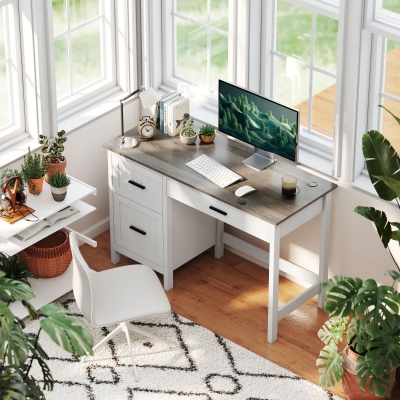 HOMCOM Escritorio Rústico 120x50 cm Mesa de Escritorio con 3 Cajones y Encimera con Efecto Madera Blanco