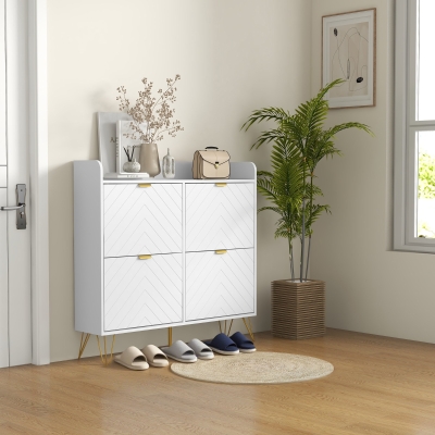 HOMCOM Meuble à Chaussures 4 Abattants Blanc Rangement 106x24x102cm