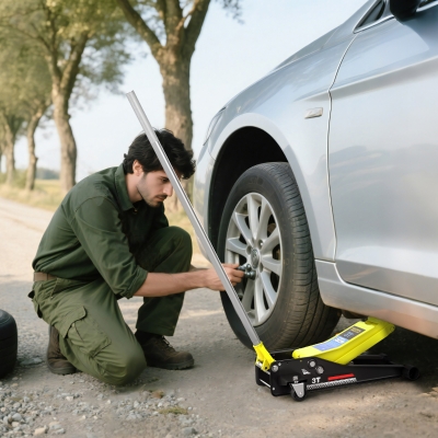 HOMCOM Gato Hidráulico para Coche 3T Altura de Elevación 75-505 mm con Bomba de Doble Pistón Ruedas Mango de Aluminio Amarillo