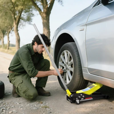 HOMCOM Gato Hidráulico para Coche 3T Altura de Elevación 75-505 mm con Bomba de Doble Pistón Ruedas Mango de Aluminio Amarillo