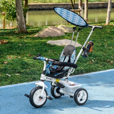 HOMCOM Triciclo para Bebés de +12 Meses con Toldo Plegable Mango de Empuje Telescópico Desmontable y Portabotellas Azul Blanco