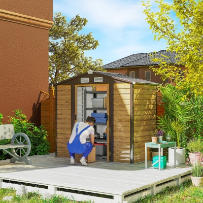 Outsunny Cobertizo Metálico para Jardín 213x120x166/194 cm con Base Refuerzo Puertas Correderas y Ventilaciones Roble