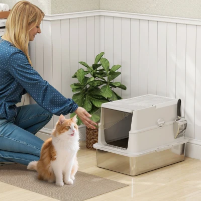 PawHut Litière Chat XL Acier Inox Gris Clair avec Pelle