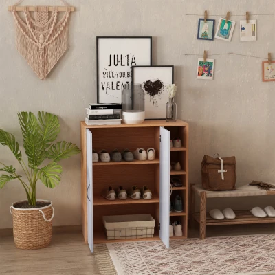 HOMCOM Sapateira com 2 Portas Prateleiras Interiores e 5 Prateleiras Exteriores com Altura Ajustável 80x32x91 cm Branco e Madeira