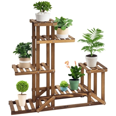 Outsunny Soporte de Madera para Flores Estantería Decorativa para Macetas Plantas con 6 Estantes Interior y Exterior para Jardín Balcón Terraza 95x28x96,5 cm Carbonizado