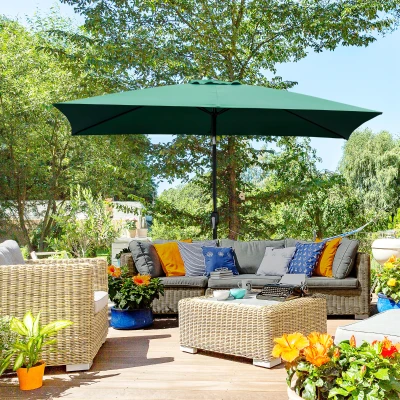 Outsunny Sombrilla de Aluminio 195x295x253 cm Parasol Rectangular de Jardín Inclinable con Manivela y Poste Desmontable Verde