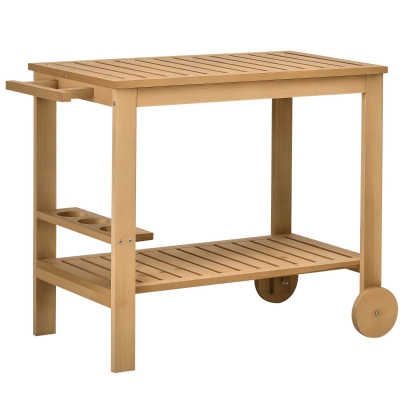 Outsunny Carrito de Madera para Exterior Carro de Servicio con Asa Lateral y 3 Porta botellas 95x47x74 cm Natural