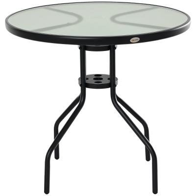Outsunny Mesa de Jardín Redonda Mesa Comedor de Cristal Templado con Agujero para Sombrilla y Estructura Metálica para Patio Terraza Balcón Exterior Ø80x72 cm Negro