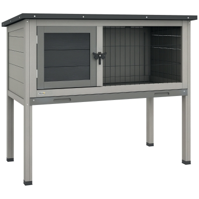 PawHut Conigliera Rialzata in Legno da Esterni con Tetto Apribile e Vassoio Estraibile, 84x43x70cm, Grigio