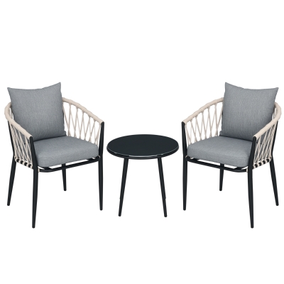 Outsunny Salon de jardin 2 personnes 3 pièces 2 fauteuils avec coussins table basse ronde plateau verre trempé corde tressée gris