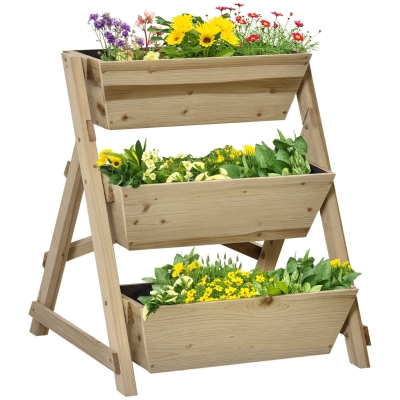 Outsunny Jardinera de Escalera de 3 Niveles Maceteros de Madera Jardinera Vertical con Tela no Tejida y Orificios de Drenaje Huerto Urbano para Plantas Macetas Flores Jardín 71x61x77 cm Natural