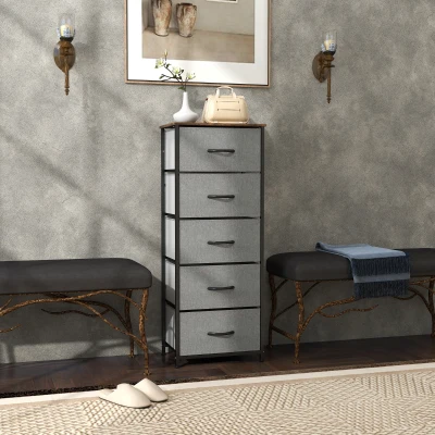 HOMCOM Industrial Chest 5-Drawer Steel Frame Rustic Brown Grey