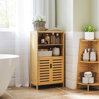 kleankin Mueble Auxiliar de Baño de Bambú Mueble de Baño con 2 Puertas 2 Estantes Abiertos y Patas Elevadas 50x29x92 cm Natural
