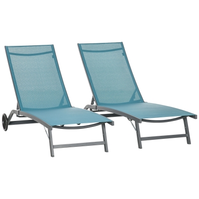 Outsunny Conjunto de 2 Espreguiçadeiras para Exterior com Encosto Ajustável em 5 Níveis e Rodas para Praia Piscina 165x66x102 cm Azul