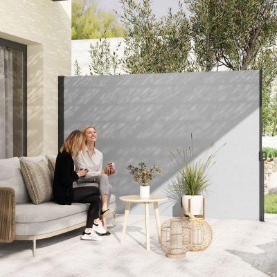 Outsunny Retractable Side Awning, Garden Privacy Screen Divider, Full Cassette Wind Breaker for Hot Tub, Balcony, Terrace, Pool, 300 x 180 cm, Light Grey