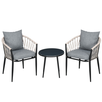 Outsunny Conjunto de Muebles de Jardín de 3 Piezas Incluye 1 Mesa con Encimera de Cristal y 2 Sillones con Cojines Gris