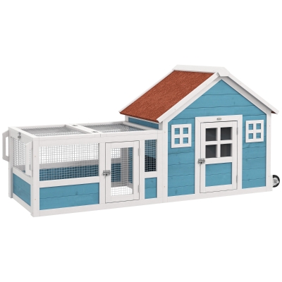 PawHut Jaula para Conejo Grande con 2 Ventanas de Decoración Ruedas 1 Puerta 1 Rampa y Techo de Asfalto 162,5x59,2x77,6 cm Azul