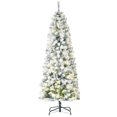 HOMCOM 6FT Prelit Snow Flocked Christmas Tree Green White