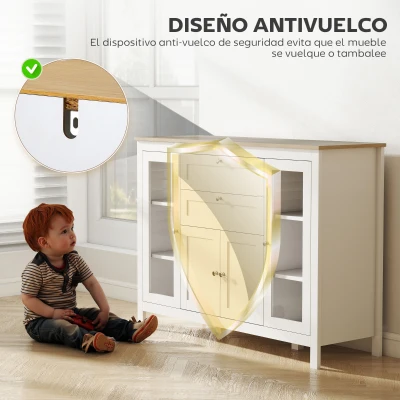 HOMCOM Aparador de Cocina con Armario 2 Cajones 2 Puertas de Vidrio y Estantes Ajustables Muebles Auxiliar de Almacenaje para Comedor Salón 120x40x90 cm Blanco(m-7)