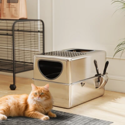 PawHut Arenero para Gatos de Acero Inoxidable XL Arenero con Pala Aberturas Dobles Fácil de limpiar Plata