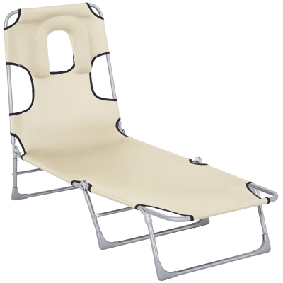 Outsunny Espreguiçadeira de Jardim Reclinável e Dobrável com Orifício de Leitura Apoio para Cabeça e Encosto Ajustável em 4 Níveis para Praia 182x56x24,5 cm Bege