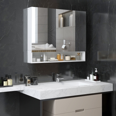 kleankin Armario mural baño con espejo, armario de aseo 3 puertas espejo, estantes ajustables, 90x15x75cm, blanco