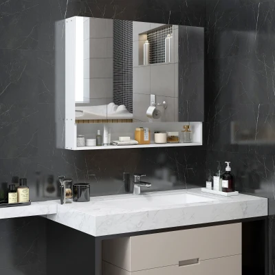 kleankin Armario mural baño con espejo, armario de aseo 3 puertas espejo, estantes ajustables, 90x15x75cm, blanco