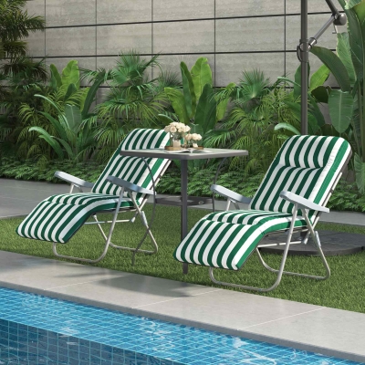Outsunny 2 Pieces Garden Patio Furniture Set of 2, Outdoor Foldable Sun Recliners Loungers with Multi Position Relaxers Chairs and Cushions (Green White)