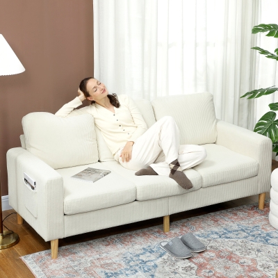 HOMCOM Sofá 3 plazas de terciopelo acanalado, sofá con cojines de muelles y asiento acolchado, 192x80x84,5cm, beige