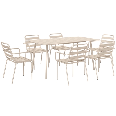 Outsunny Salon Jardin 7 Pièces Table + 6 Chaises Empilables Acier Beige