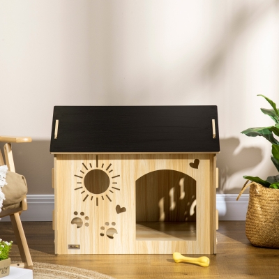 PawHut Hundehütte, mit Lüftungsöffnungen, wetterfest, Holzmaterial, Schwarz+Holzfarbe, 69 x 50 x 58,5 cm