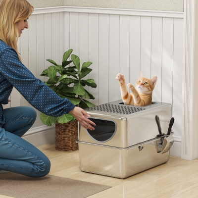 PawHut Arenero para Gatos de Acero Inoxidable XL Arenero con Pala Aberturas Dobles Fácil de limpiar Plata
