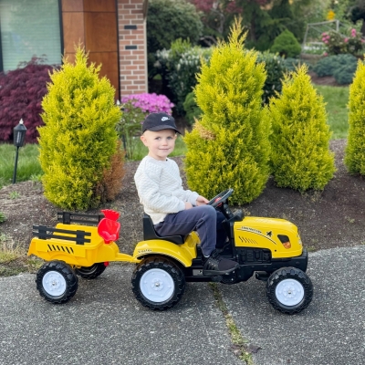 HOMCOM Pedaaltractor met aanhanger, gereedschap, claxon, voor kinderen van 3 jaar en ouder, metalen frame, zwart/geel, 133 x 42 x 51 cm