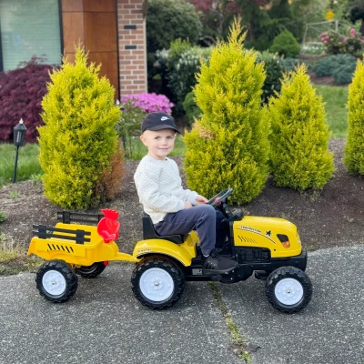 HOMCOM Pedaaltractor met aanhanger, gereedschap, claxon, voor kinderen van 3 jaar en ouder, metalen frame, zwart/geel, 133 x 42 x 51 cm