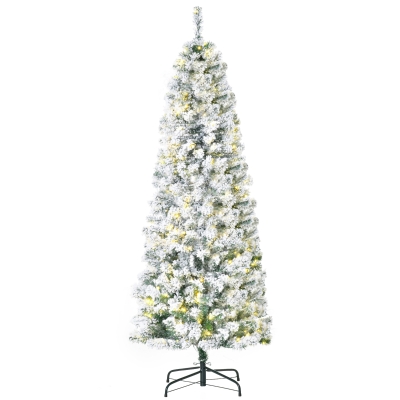 HOMCOM 6FT Prelit Snow Flocked Christmas Tree Green White